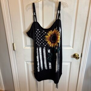 Black spaghetti strap dress with flag and sunflower design perfect for beach day